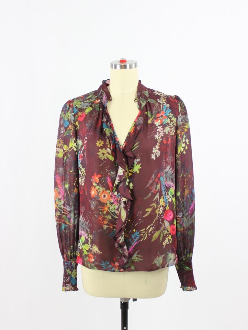PARKER Burgundy Floral Silk Blend Ruffle V-Neck Blouse, Size S